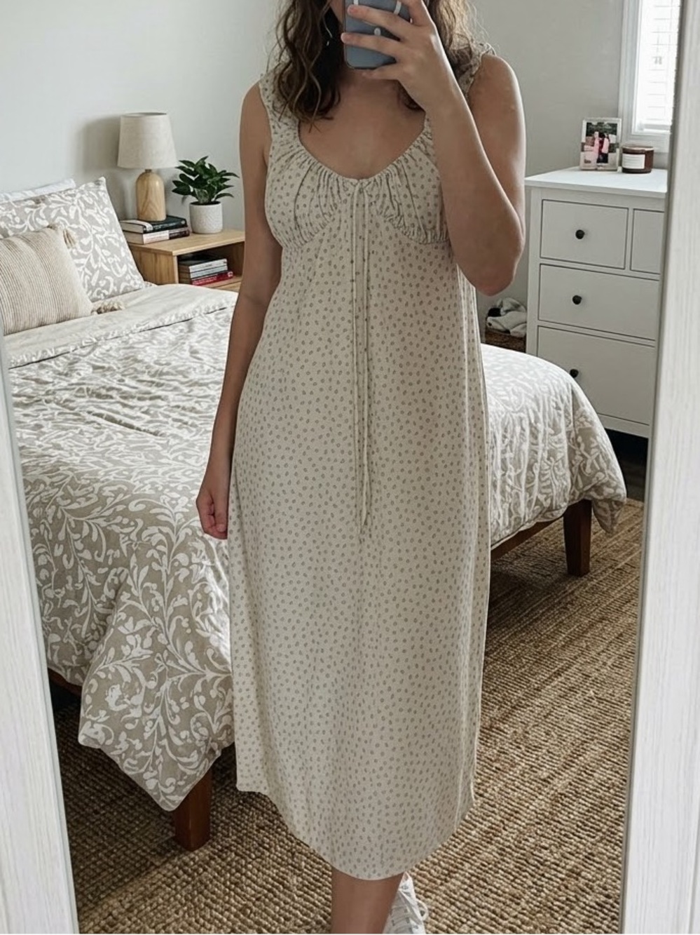 H&M Divided Cream Floral Midi Dress - Ruched Bust - Size XL - Like New